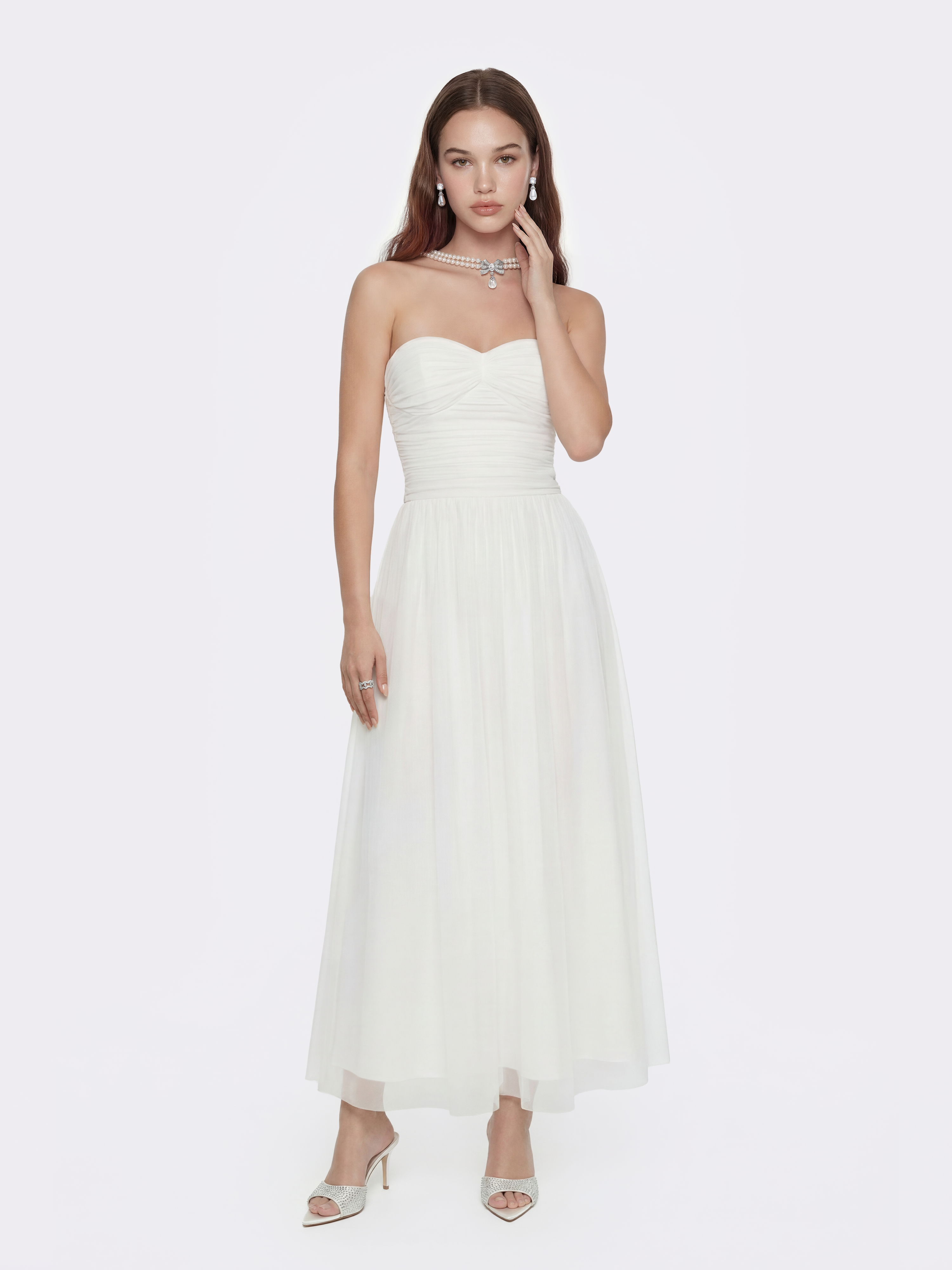 Juliette Ruched Strapless White Chiffon Dress