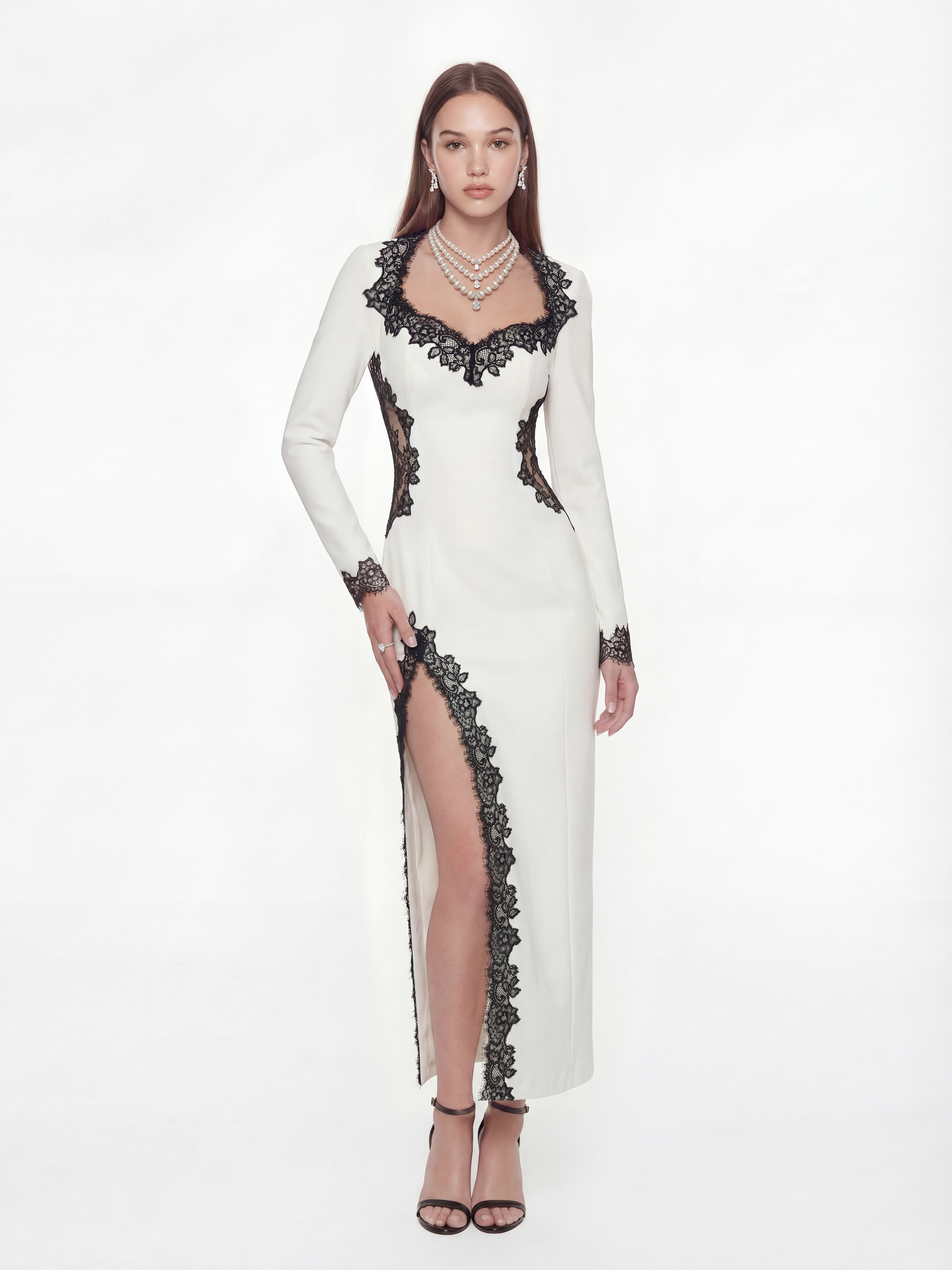 adriana ivory satin and lace mini dress Adriana Lace Trim High-Slit Ivory Maxi Dress