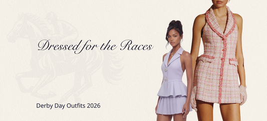 Camille purple crystal-button peplum vest and skirt with Bianca pink metallic tweed mini dress — Derby party 2026 | Nana Jacqueline