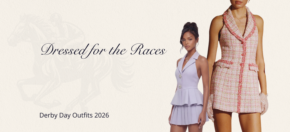 Camille purple crystal-button peplum vest and skirt with Bianca pink metallic tweed mini dress — Derby party 2026 | Nana Jacqueline