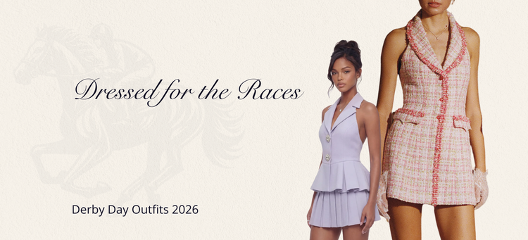 Camille purple crystal-button peplum vest and skirt with Bianca pink metallic tweed mini dress — Derby party 2026 | Nana Jacqueline