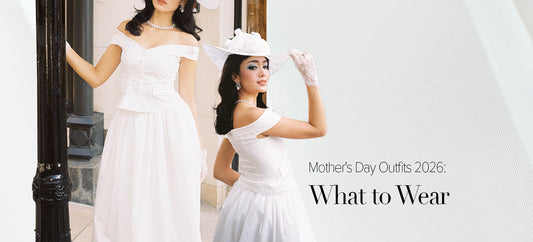 Two models in white off-shoulder structured dresses and wide-brim hat - Mother's Day outfits 2026