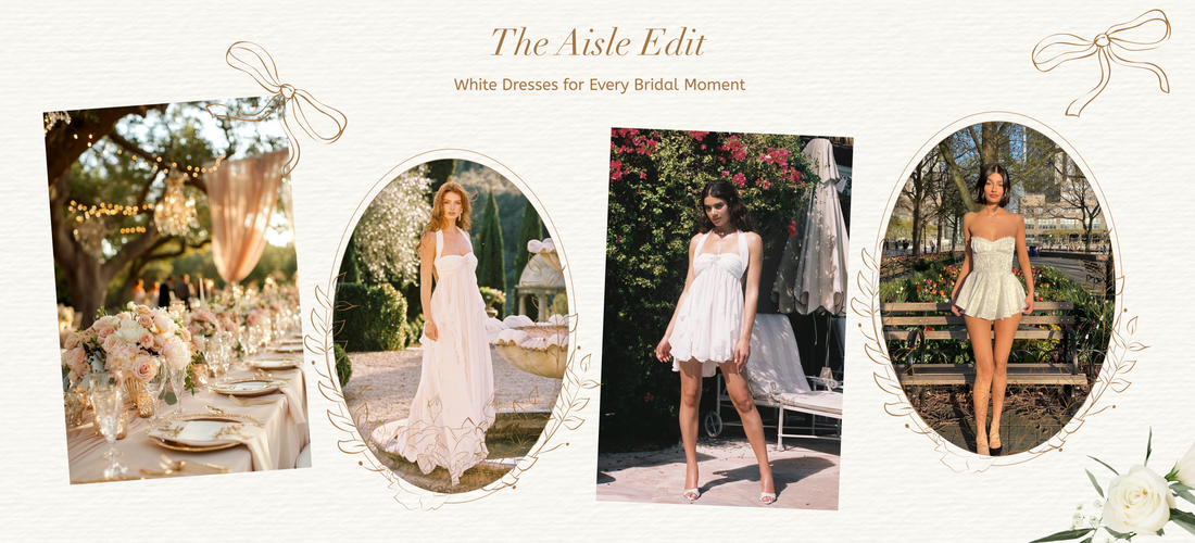 White bridal dresses for engagement parties, bridal showers, and rehearsal dinners from Nana Jacqueline’s Aisle Edit collection