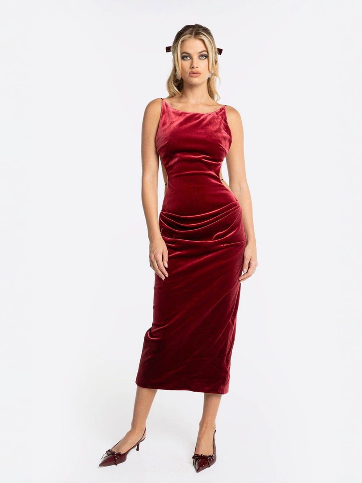 red party dress midi Red Pleated Midi Dress - Event Dresses