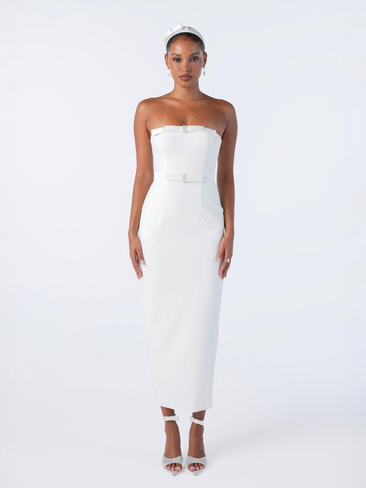 Demi Bow Dress: White Midi Dress for Bridal Shower | Nana Jacqueline Demi Bow Dress: White Midi Dress for Bridal Shower | Nana Jacqueline