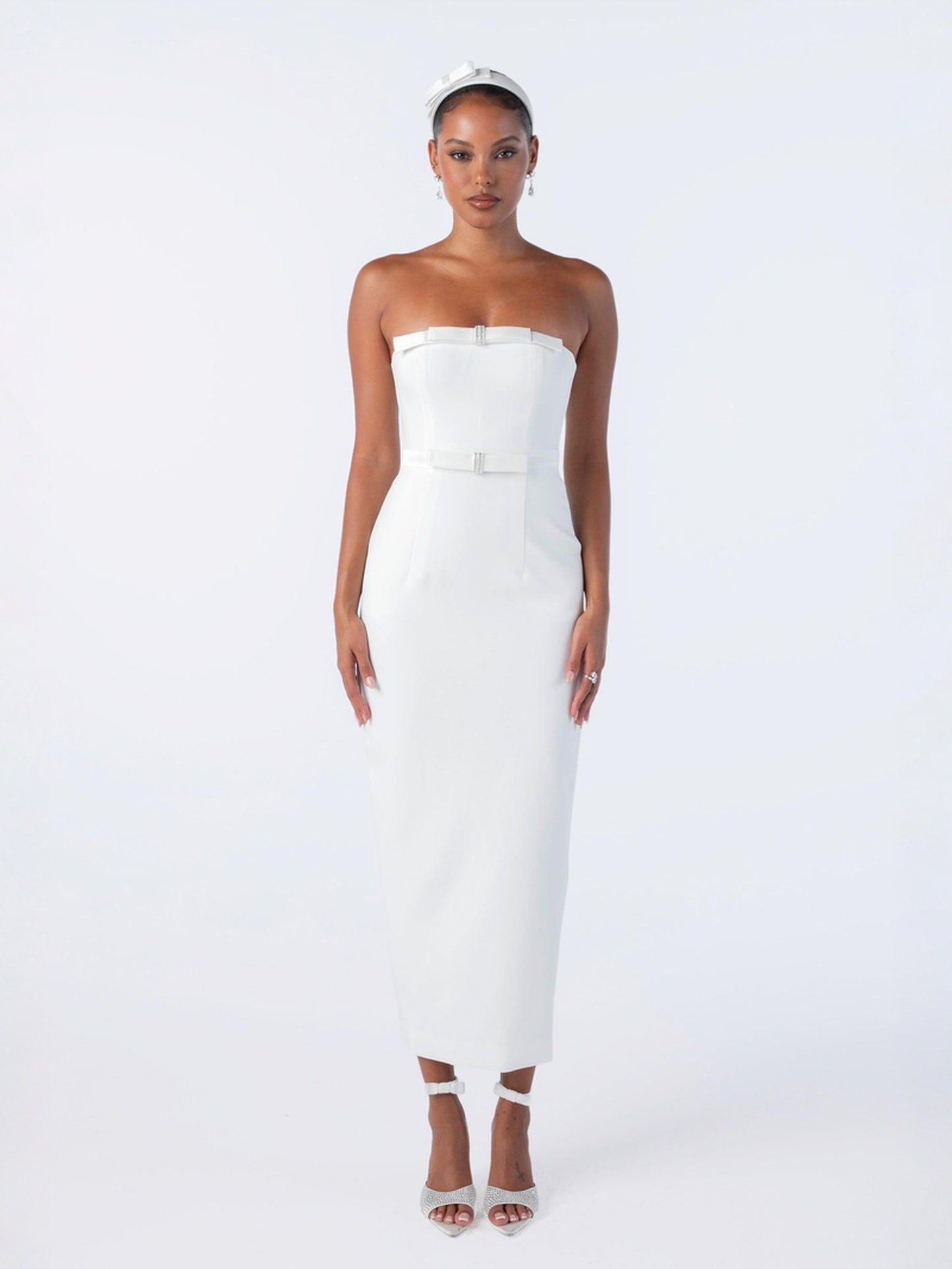 Demi Bow white strapless column maxi dress with diamond chain bow detail β Virgo birthday dress | Nana Jacqueline