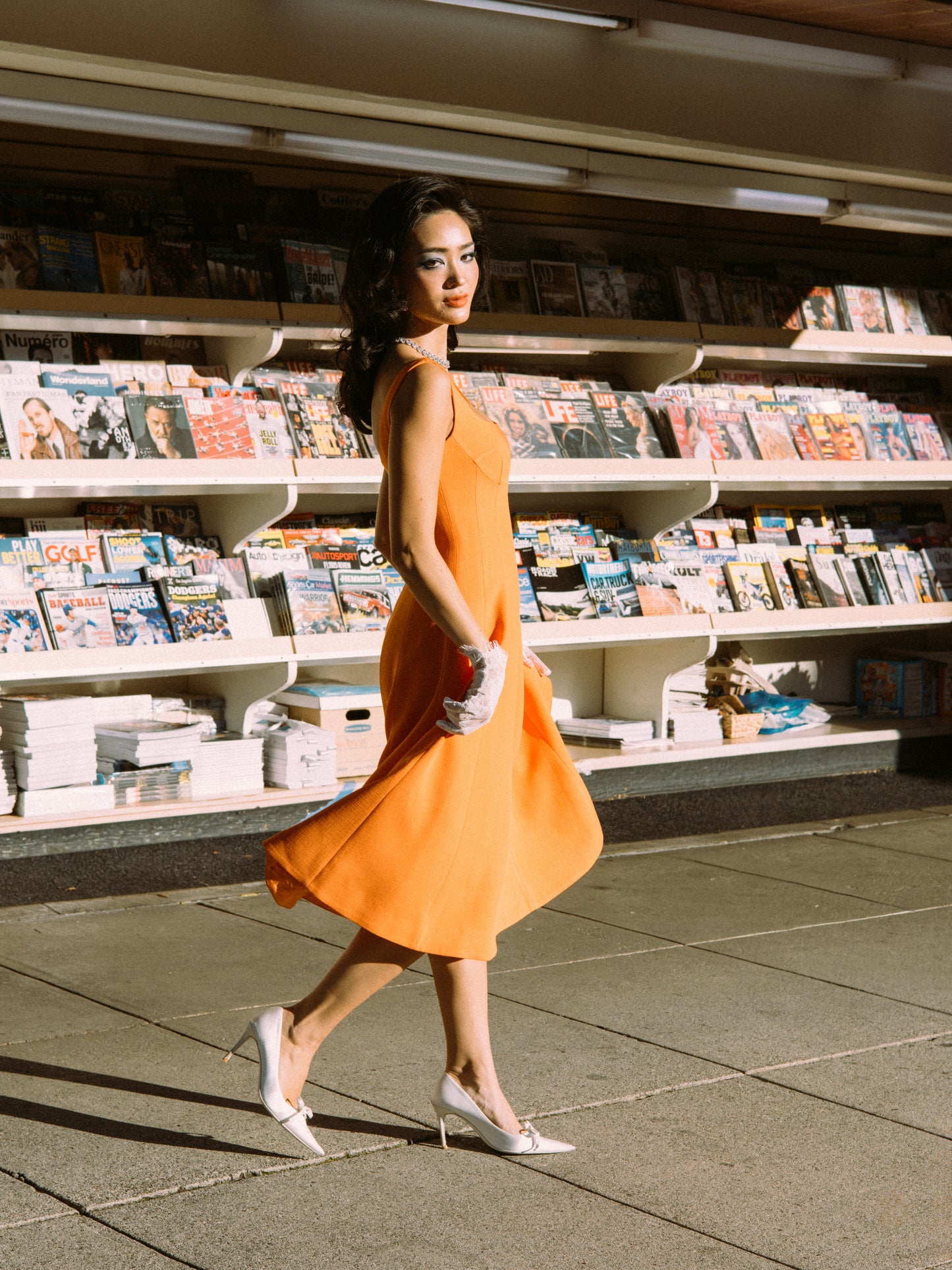 Josephine Square-Neck Orange Midi Dress