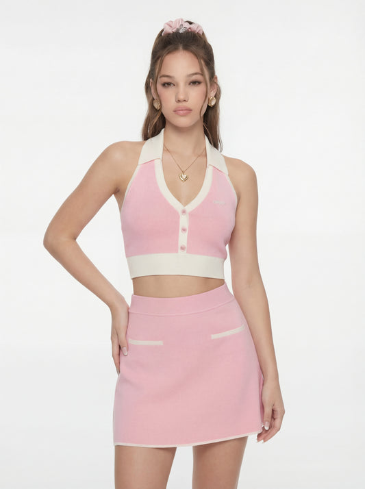 Wilhelmina Contrast Halter Knit Pink Top