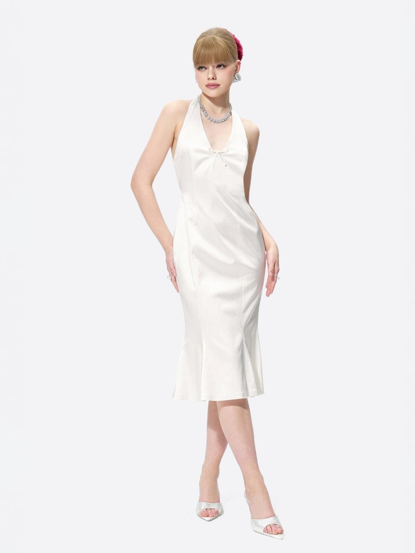 Fiona white stretch satin halter deep V fishtail midi dress with chest bow β Virgo birthday dress | Nana Jacqueline