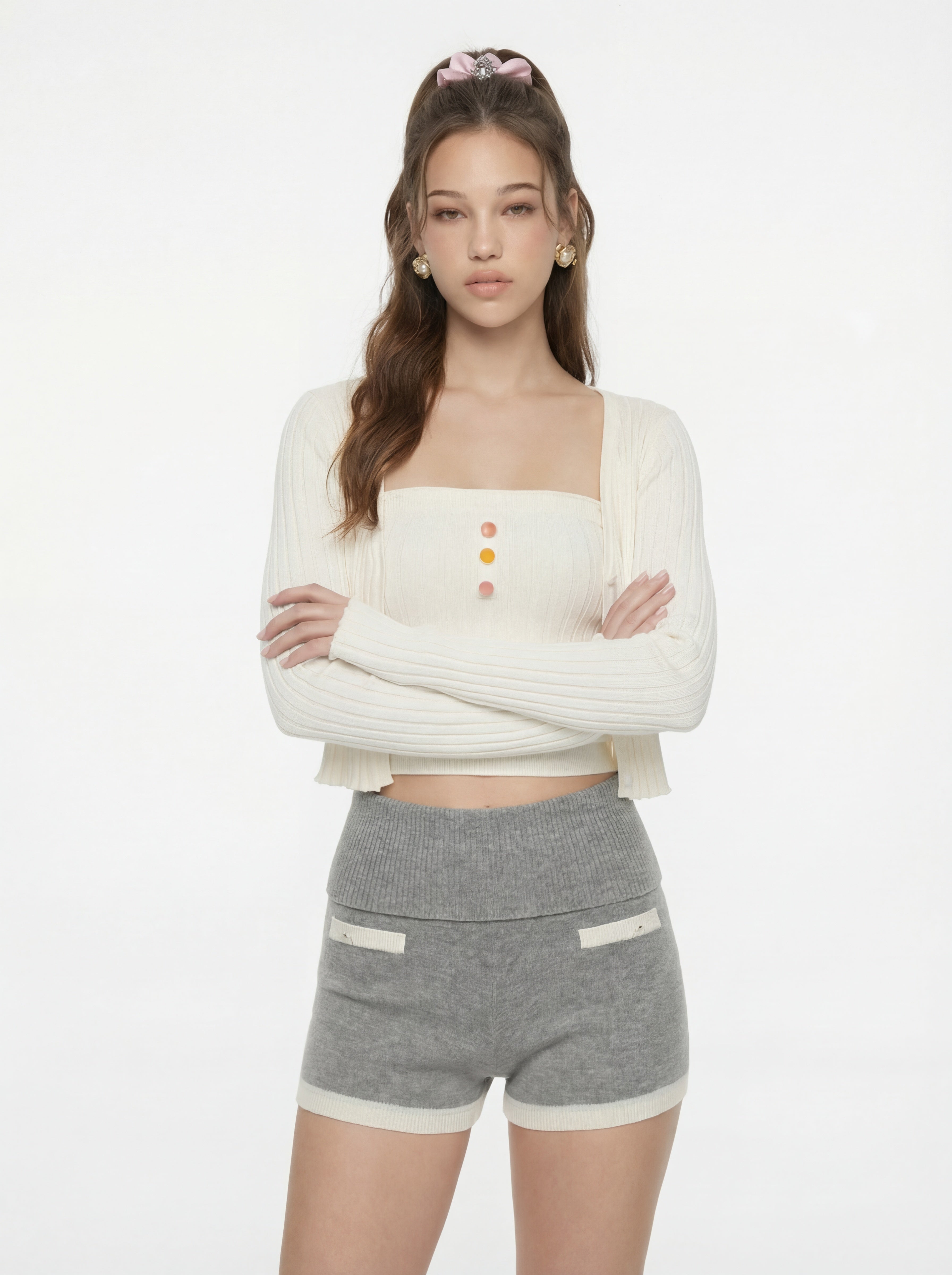 Jane Cropped Ribbed White Knit Cardigan