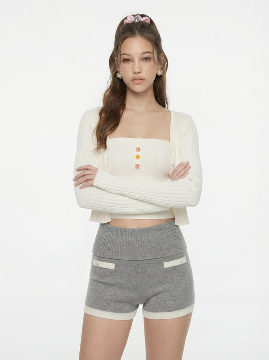 Jane Cropped Ribbed White Knit Cardigan