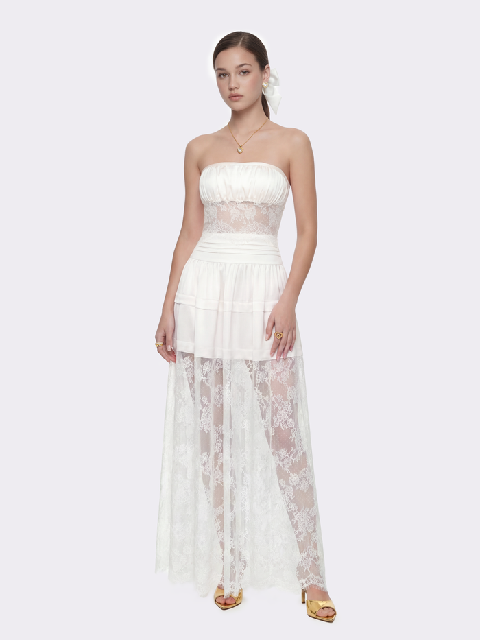 Amelie lace strapless white dress with flowing lace A-line skirt — Mother's Day afternoon tea | Nana Jacqueline