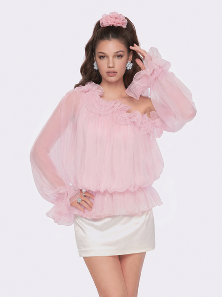 トップス oneu tulle chiffon blouse baby pink Summer Off-Shoulder Ruffle Pink Blouse | Nana Jacqueline