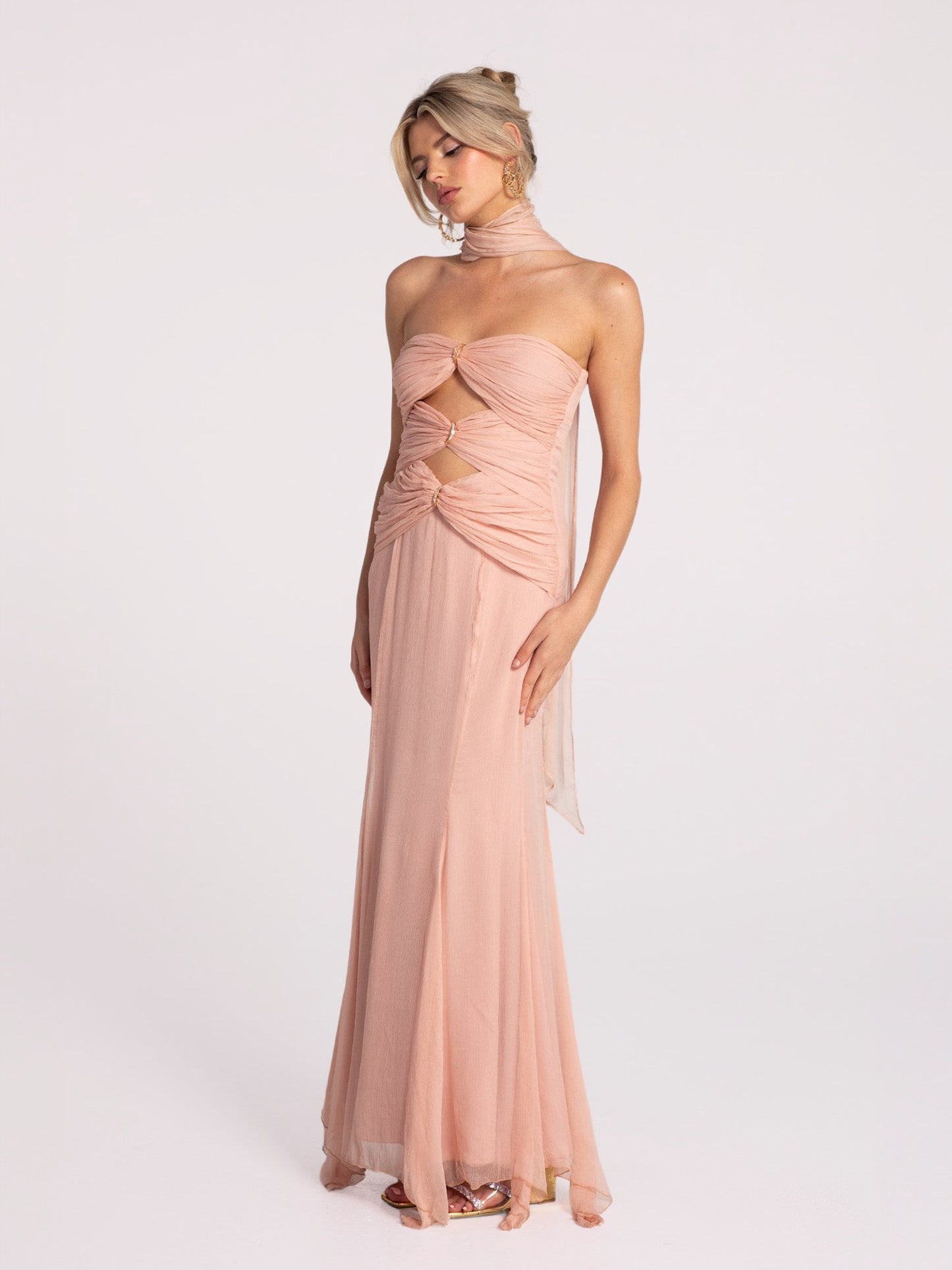 Cassandra blush chiffon cutout birthday gown with NJ diamond ring detail and matching scarf | Nana Jacqueline