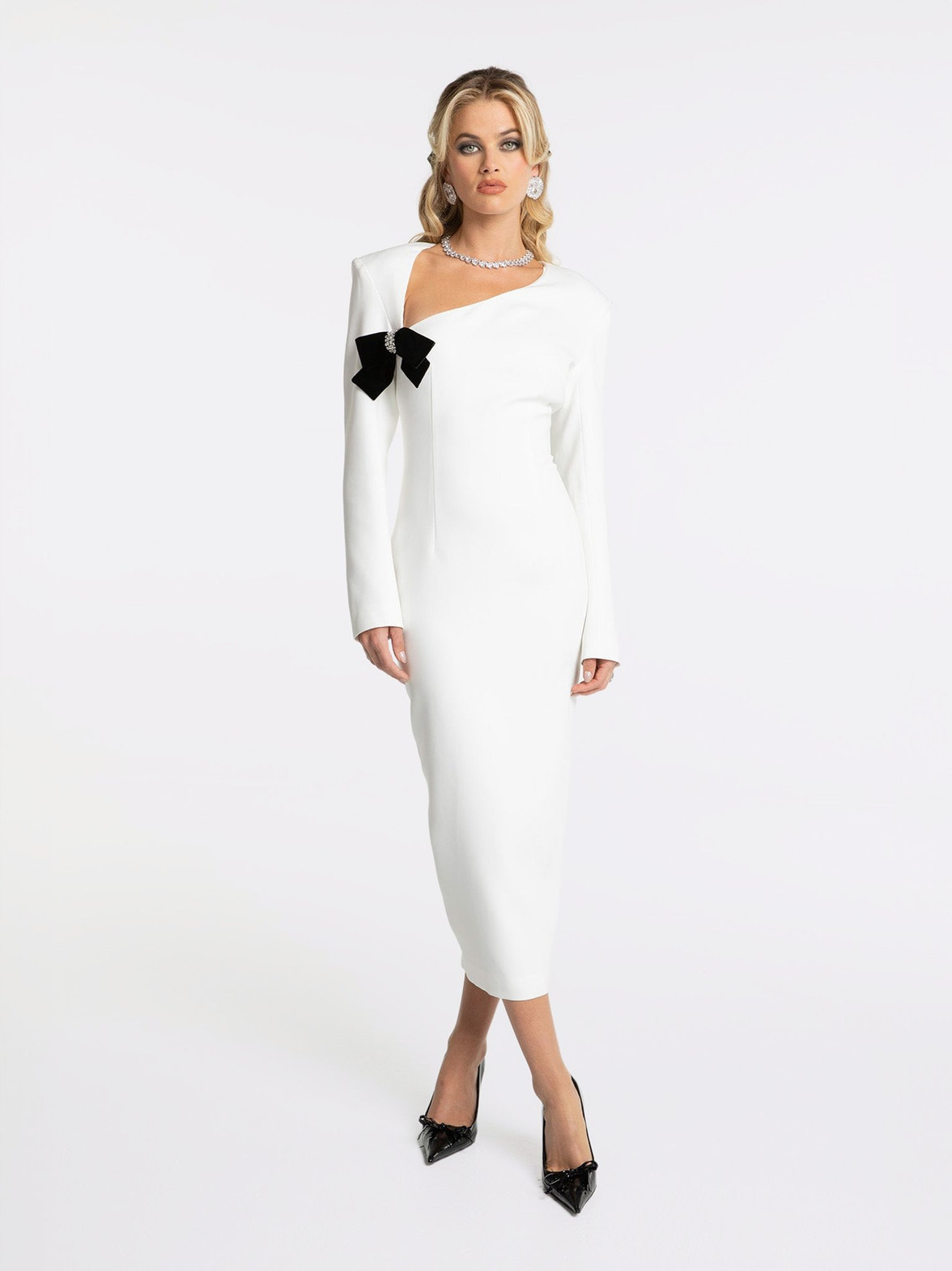 Ellie Bow Dress: White Midi Dress for Rehearsal Dinner