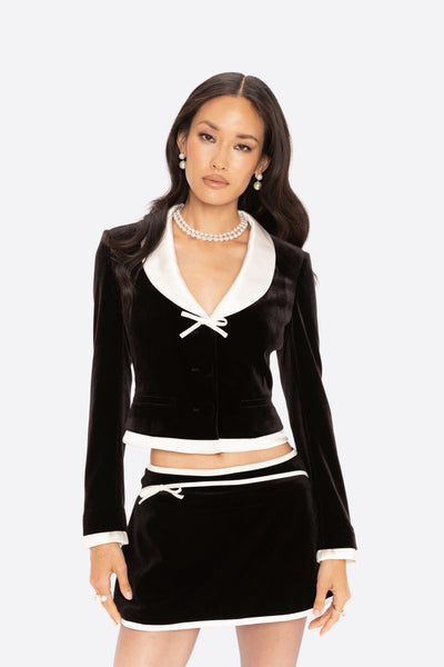 Victoria Velvet Mini Skirt | Black Satin Trim A-Line Mini Skirt