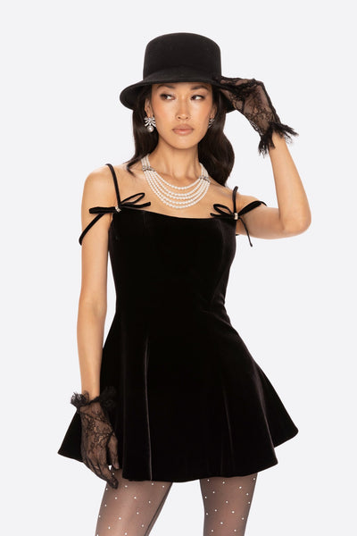 Chantal Bow Velvet Dress | Designer Velvet Mini Dress | Black