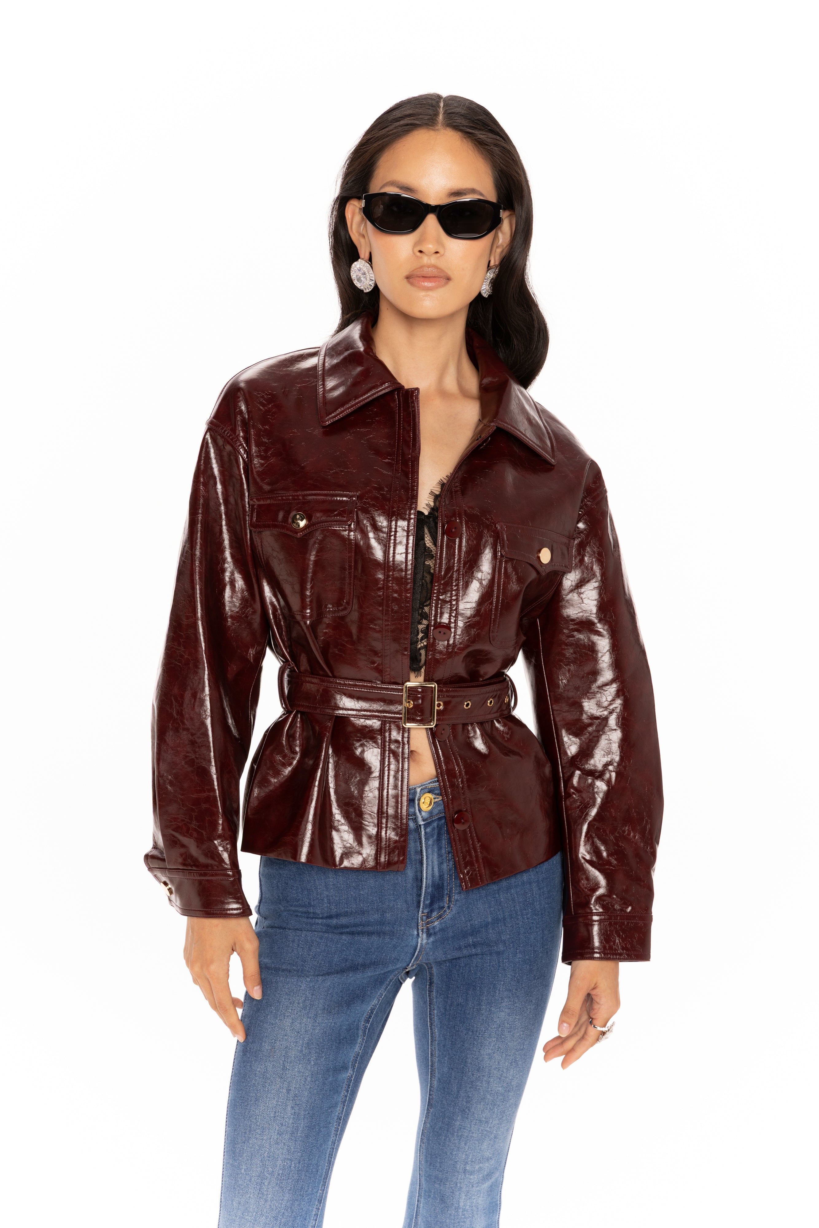 Isabella Vegan Leather Jacket (Claret) | Cropped Red Leather