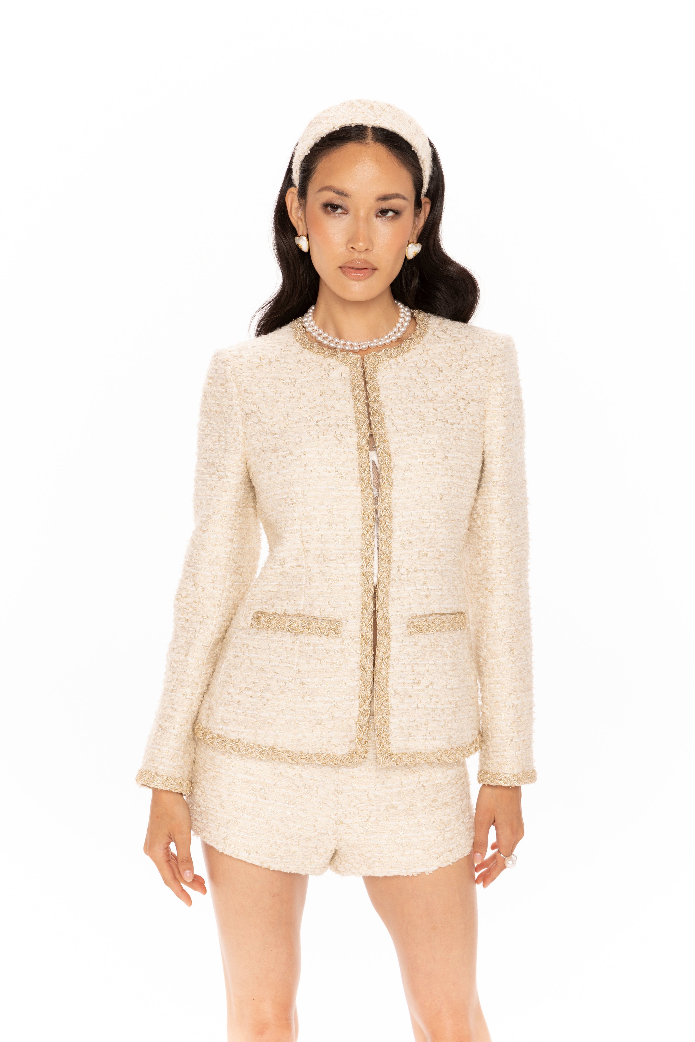 Evelyn Tweed Jacket | White Tweed Glitter Ribbon Jacket – Nana