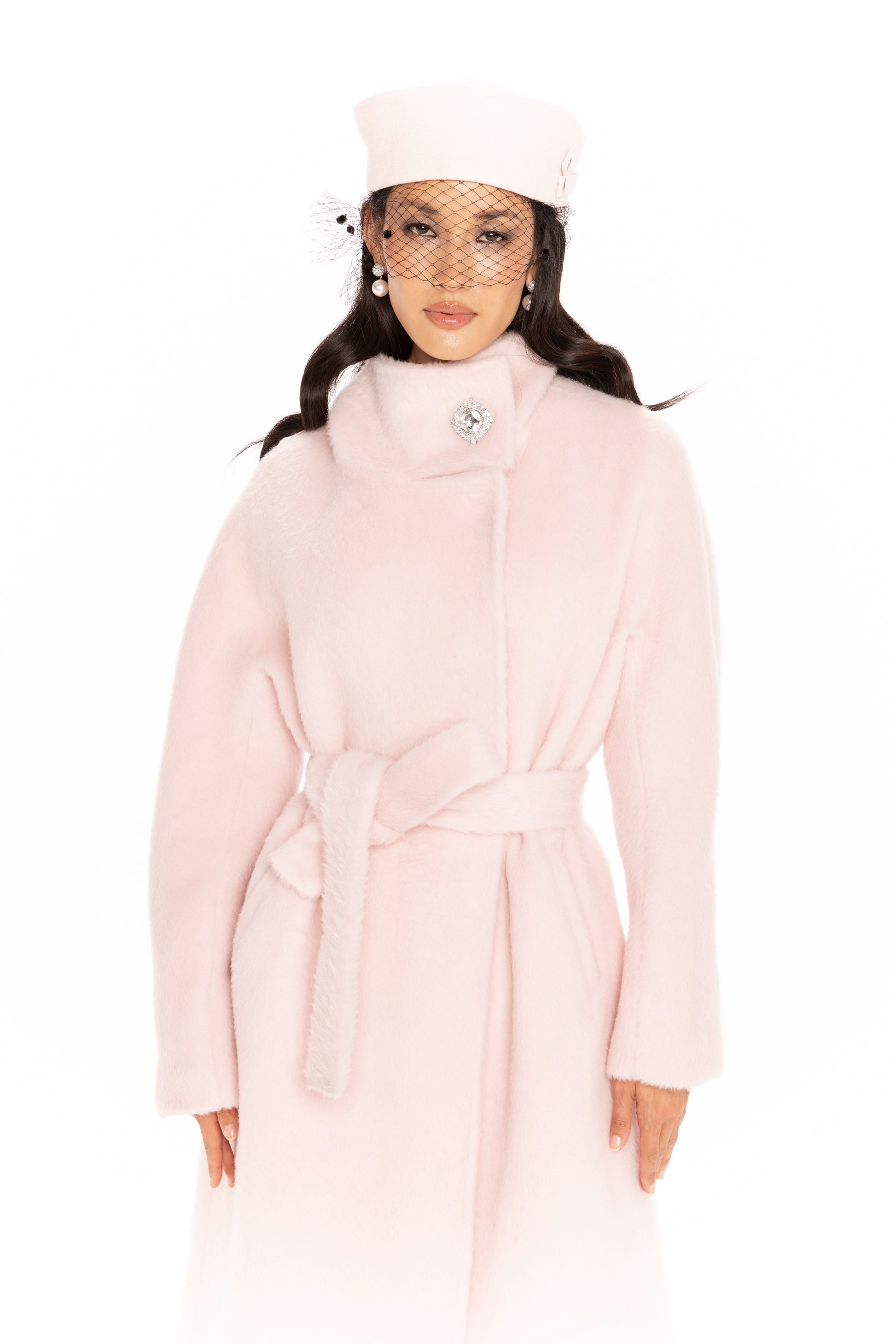 Audrey Coat (Pink) Designer Stand Collar Wool Coat Elegant