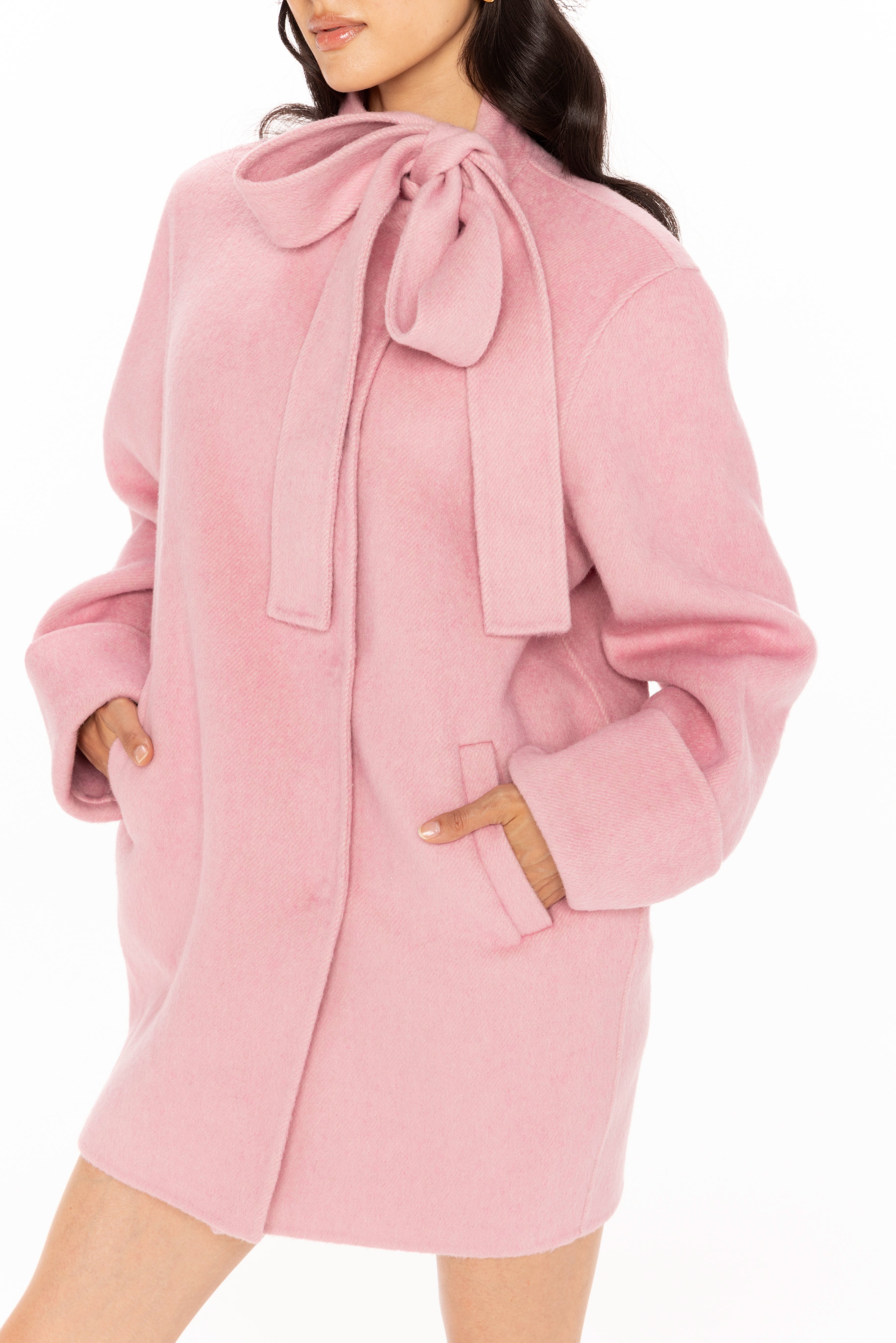 Juliette Cocoon Coat (Pink) | Luxury Silk Fur Coat with Bow Collar