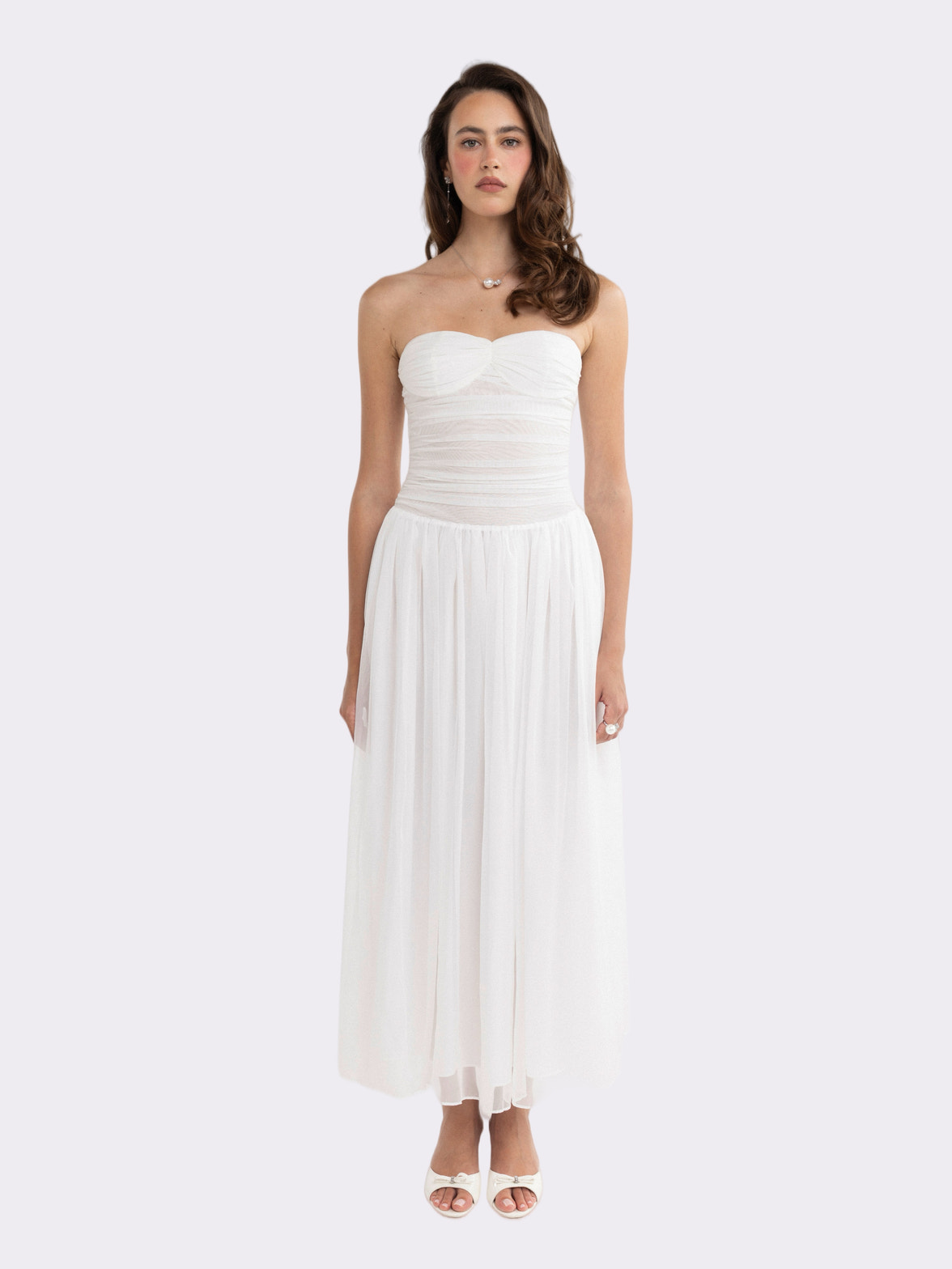 Juliette Ruched Strapless White Chiffon Dress