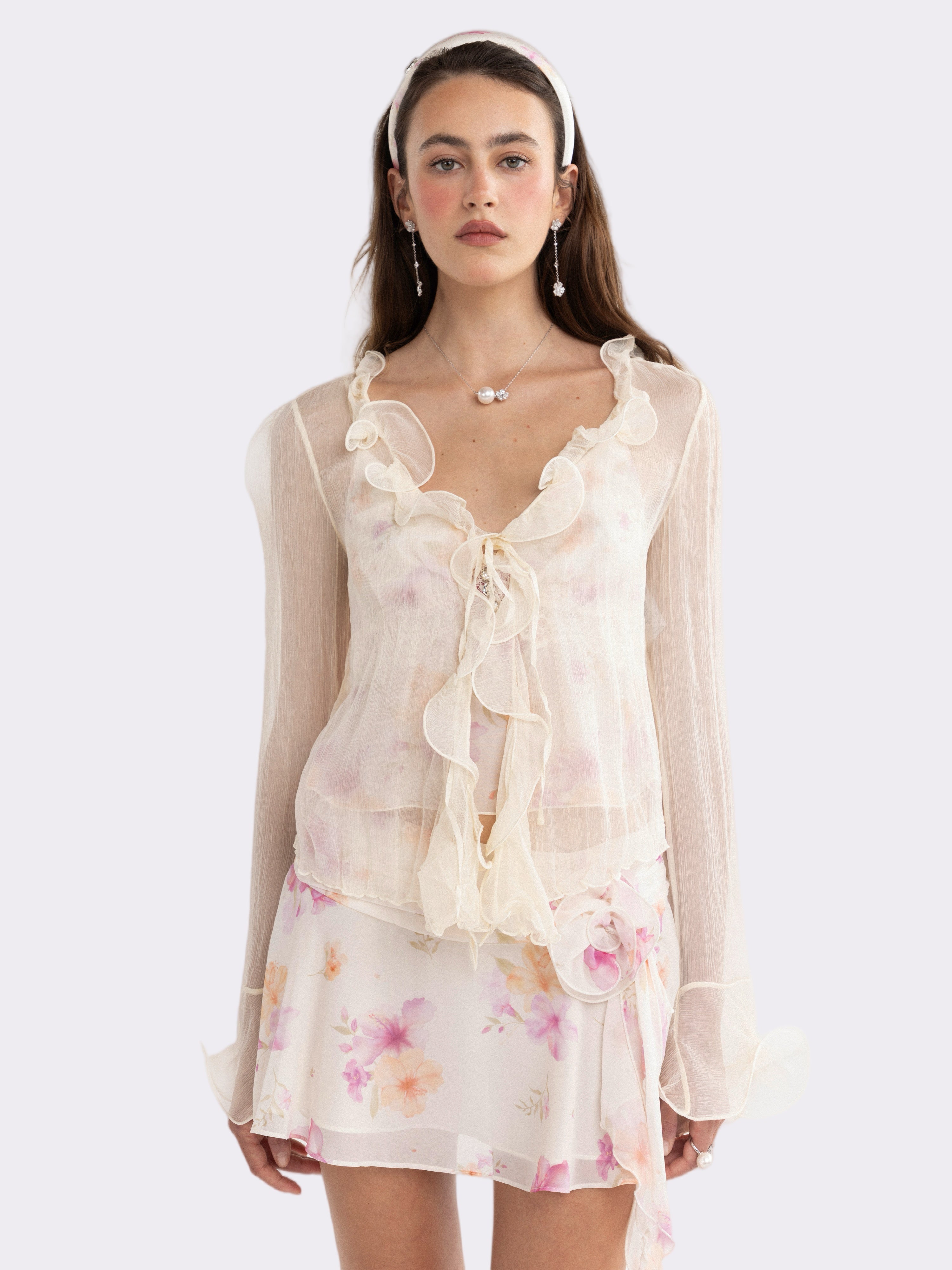 Monroe Ruffle Tie Champagne Blouse | Nana Jacqueline