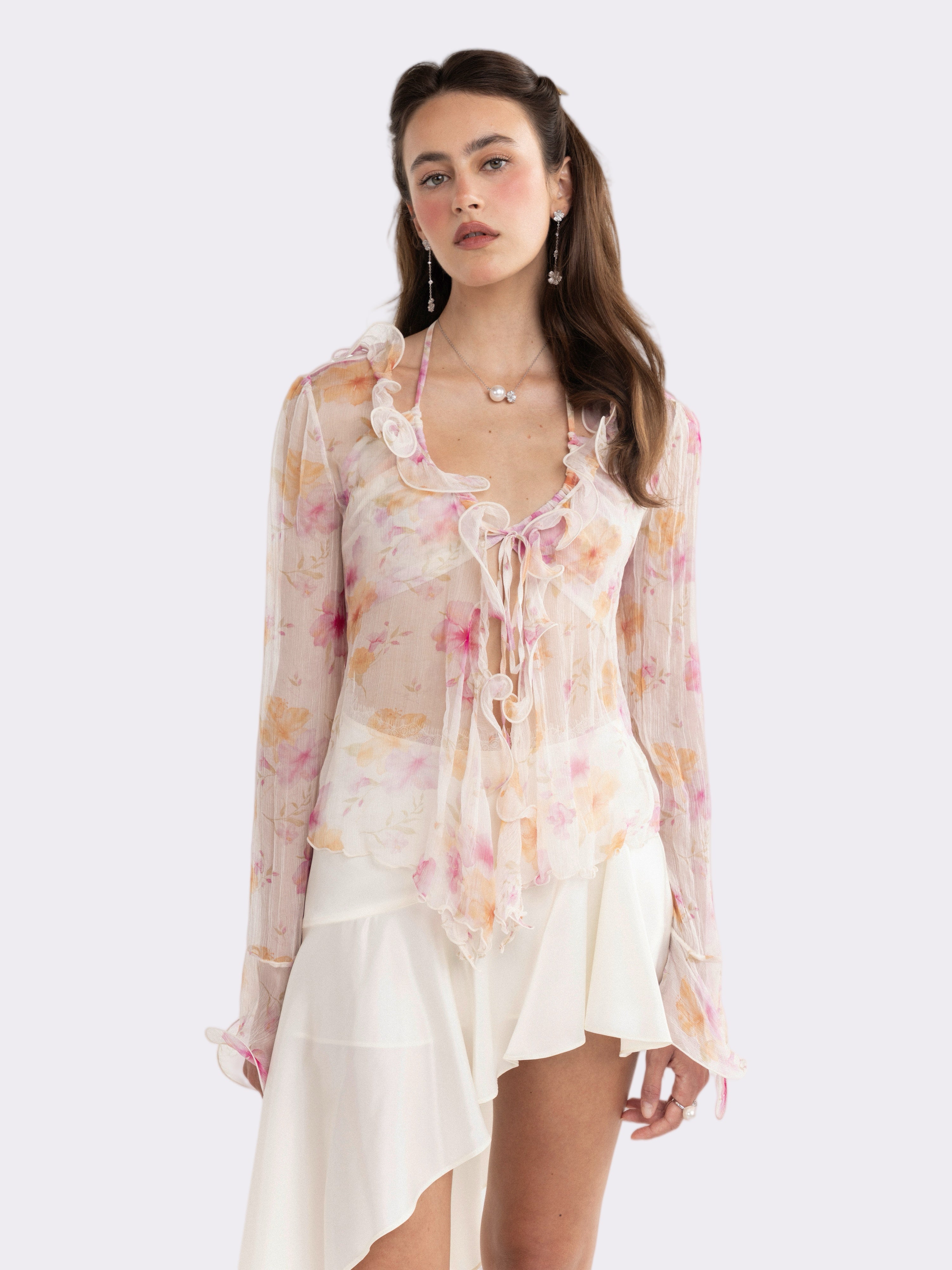 Monroe Tie-Front Ruffle Cream Blouse | Nana Jacqueline