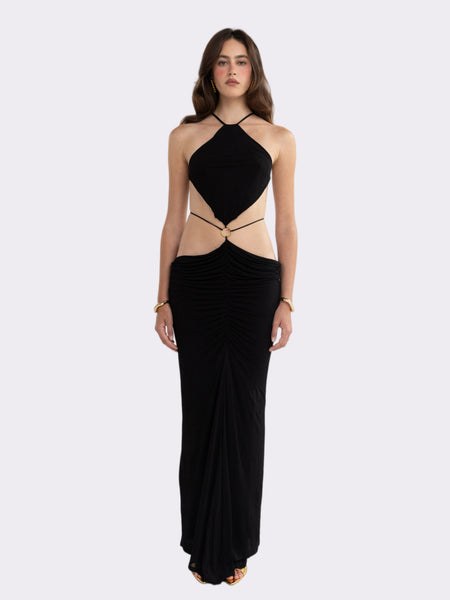 Yasmina Open-Back Halter Black Dress | Nana Jacqueline