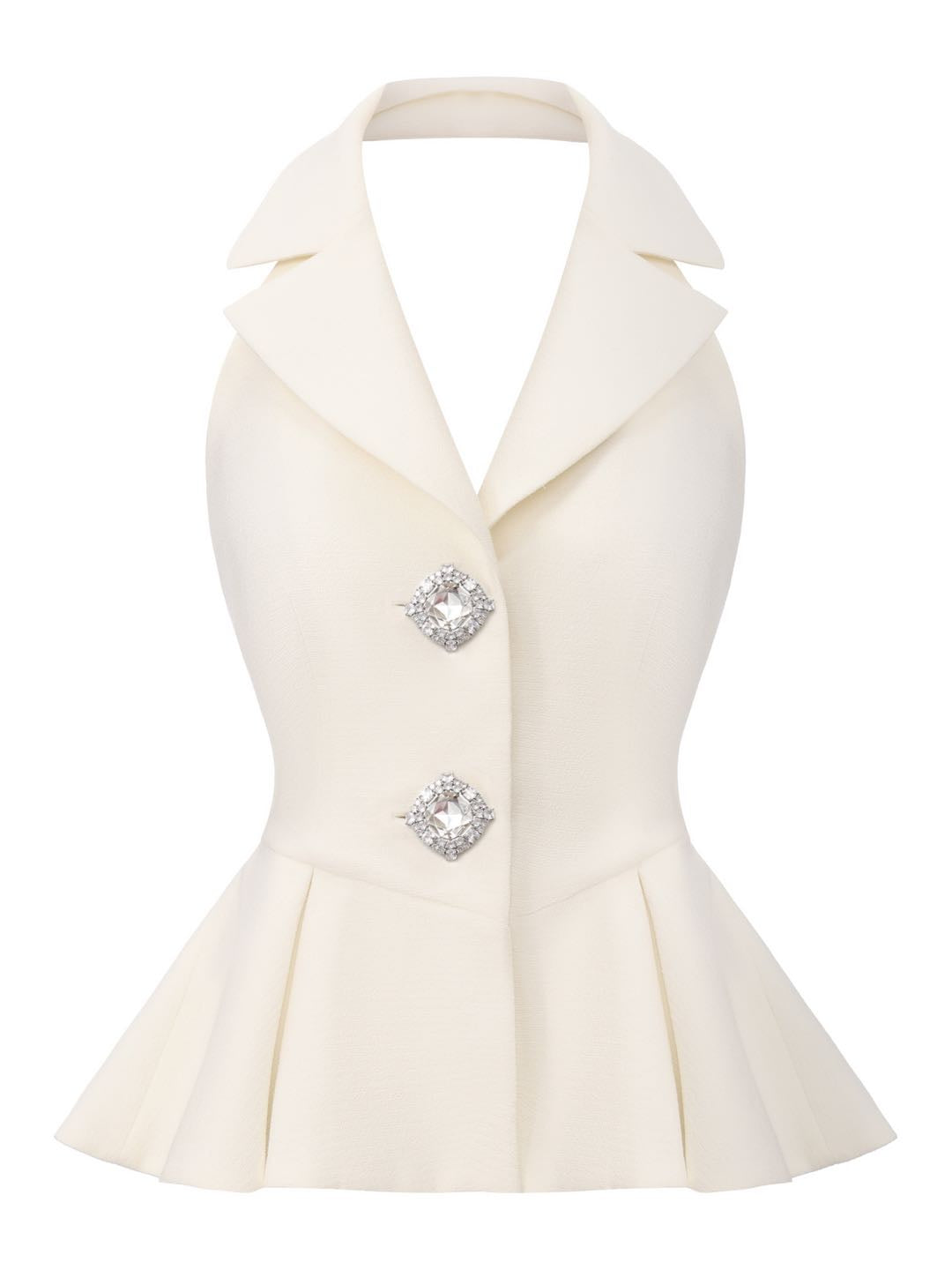 Camille Crystal-Button White Peplum Vest