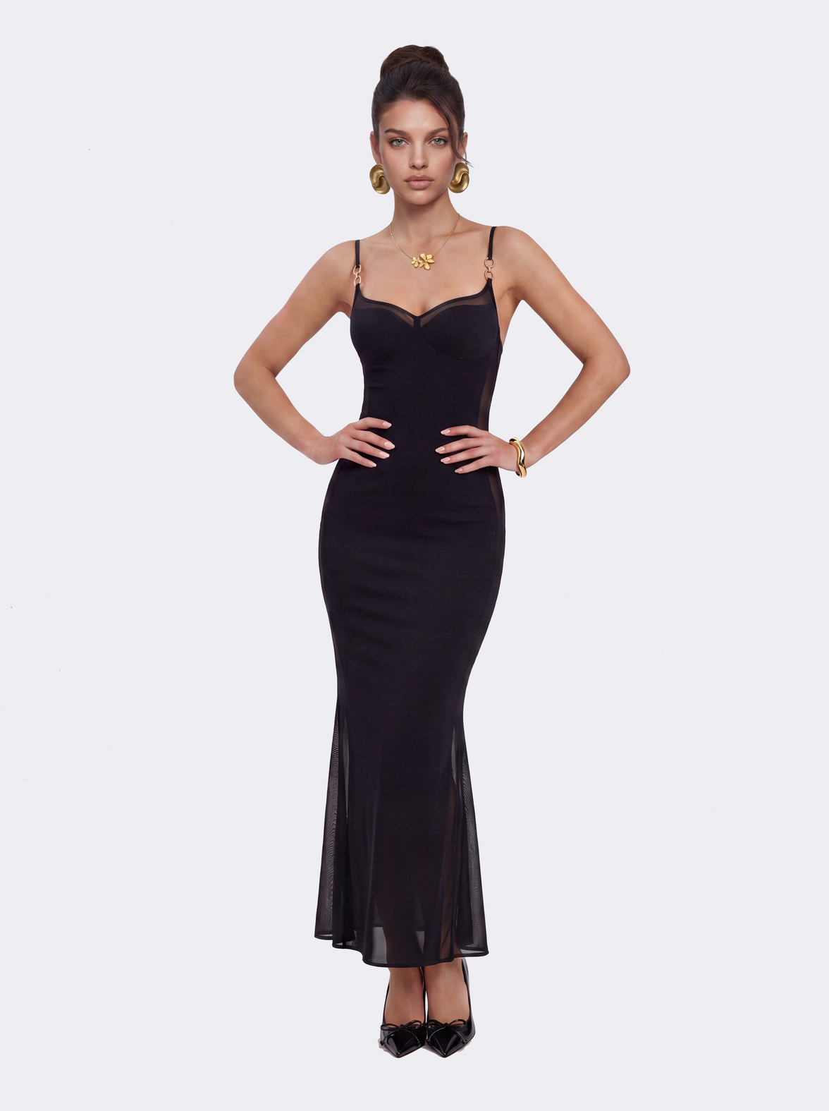 mesh panel dress Black Satin Tie Back Maxi making it ideal for evening events Careless Memories Expose Mesh Panel