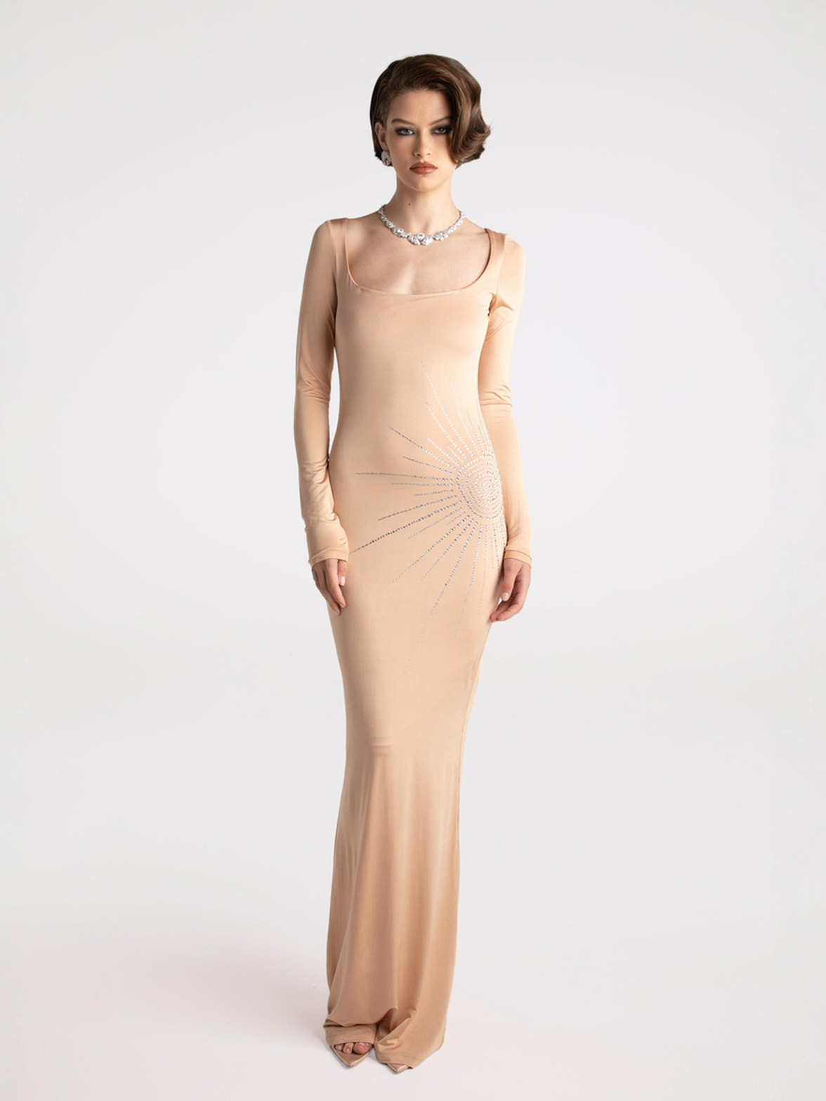 Courtney Dress: Nude Maxi Dress for Formal Wedding Guest