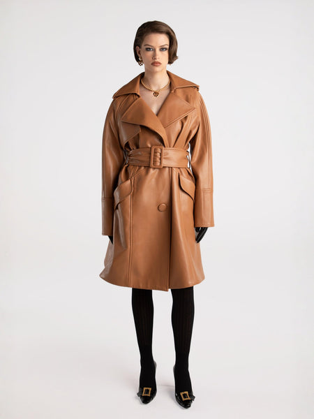 Keira Leather Trench Coat: Brown Trench Coat for Fall Outfits