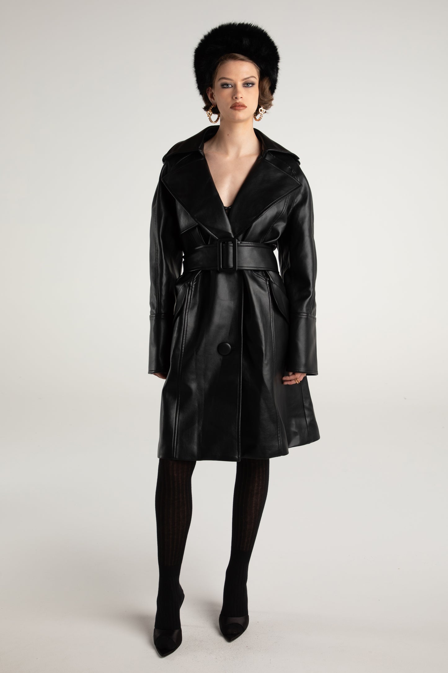 Keira Leather Trench Coat (Black) (Final Sale)