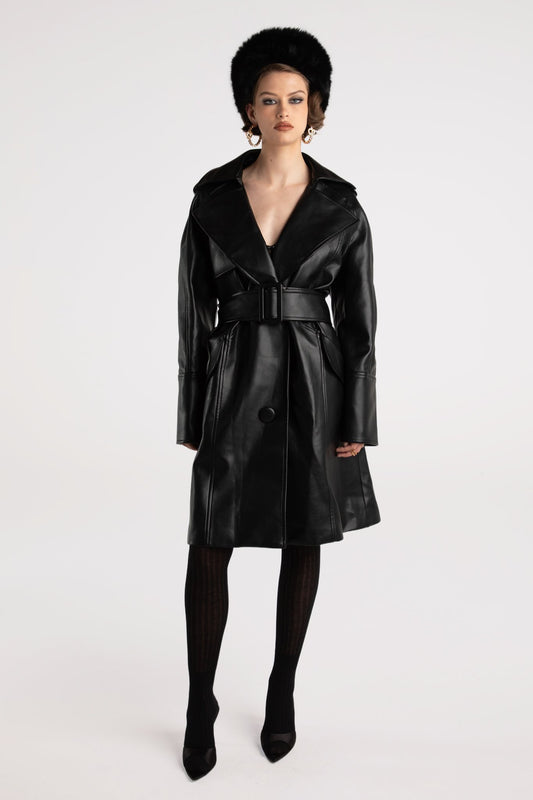 Keira Leather Trench Coat (Black) (Final Sale)