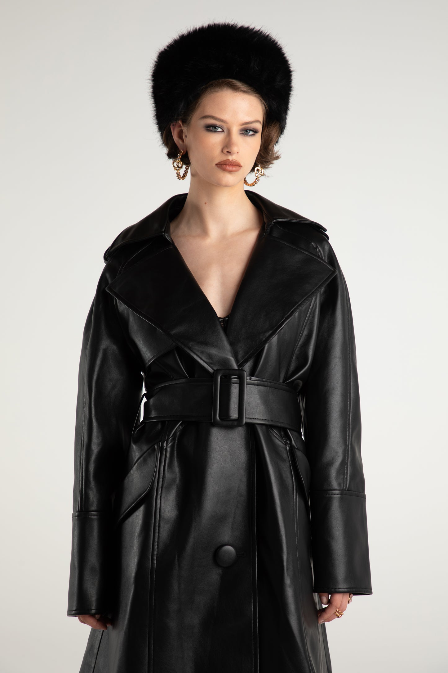 Keira Leather Trench Coat (Black) (Final Sale)
