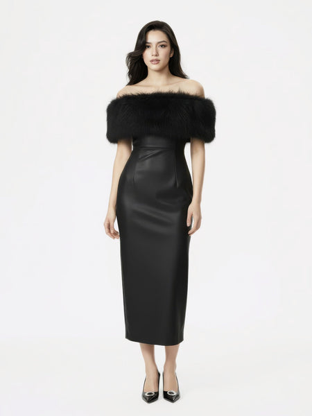 Gabrielle Fur Maxi Dress: Black Maxi Dress for Cocktail Party