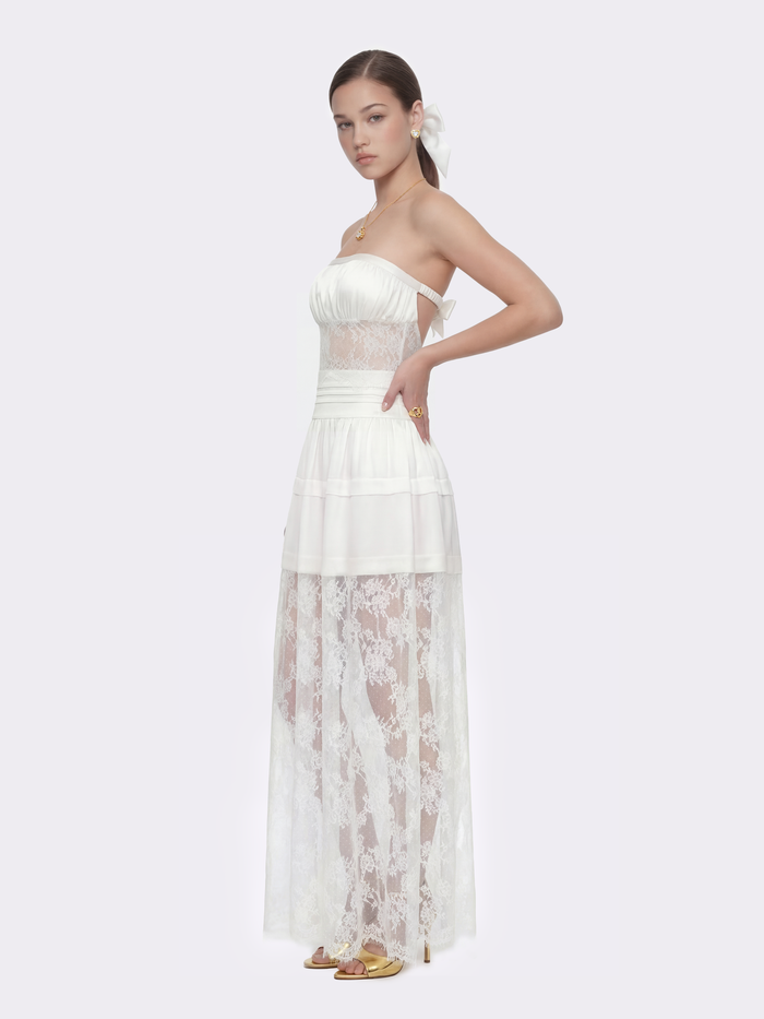 Amelie white strapless lace gown with gathered bodice and A-line skirt β milestone birthday dress | Nana Jacqueline