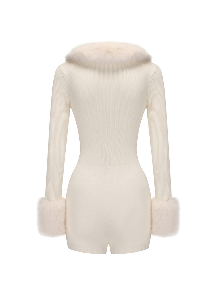 Natalia Fur Jumpsuit: White Jumpsuit for Wedding After-Party