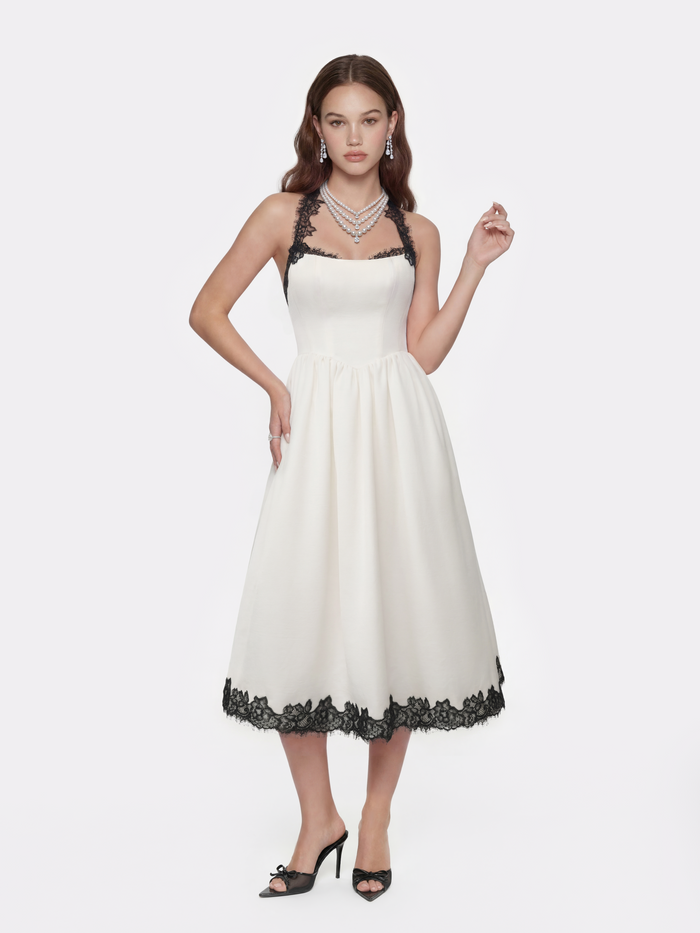 Chantal ivory acetate halter midi dress with black lace trim — Mother's Day afternoon tea | Nana Jacqueline