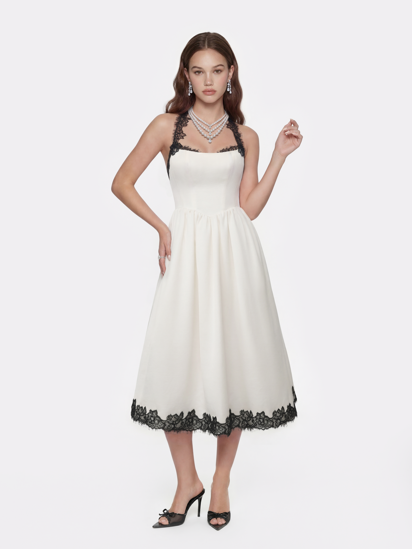Chantal ivory acetate halter midi dress with black lace trim — Kentucky Derby party formal look | Nana Jacqueline