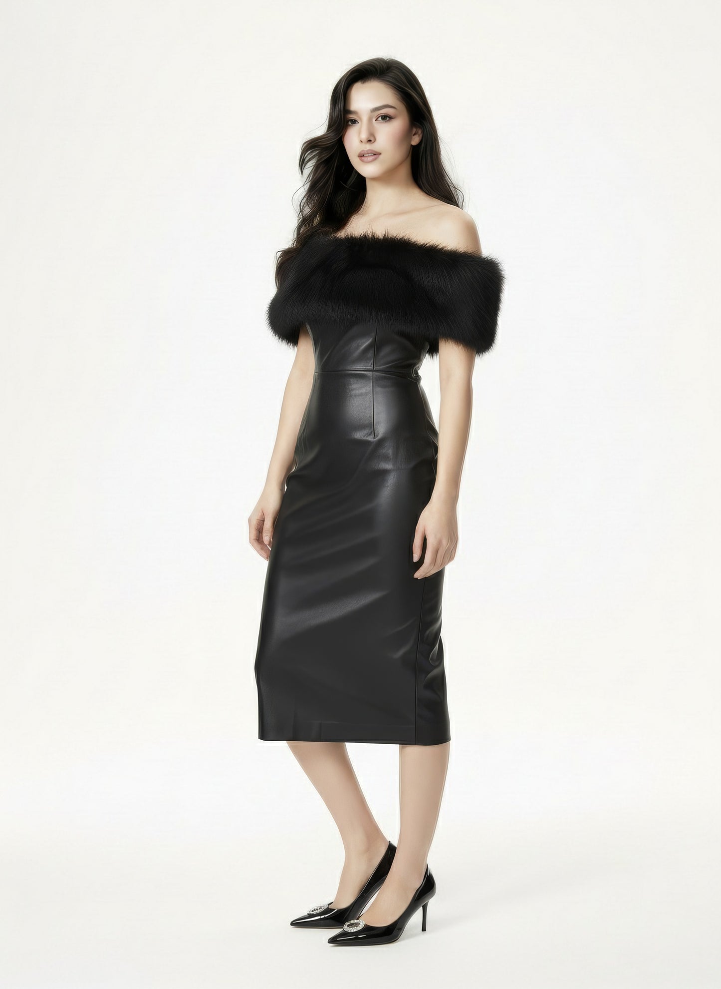 Gabrielle Fur Maxi Dress (Black)