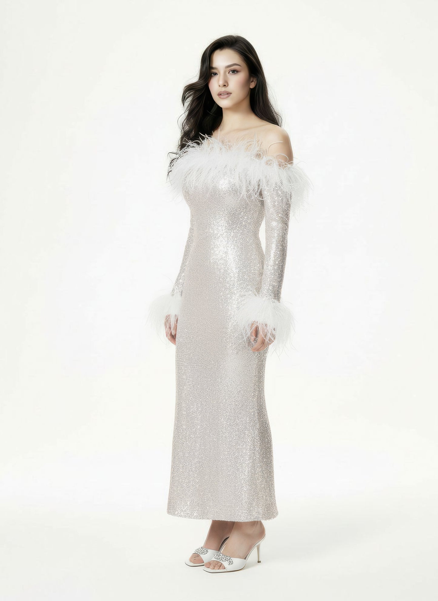 Neva Sequin Maxi Dress (White)