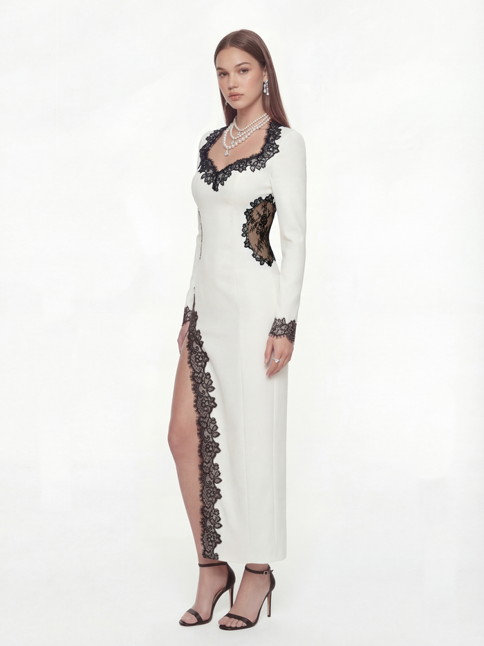Adriana ivory acetate stretch maxi dress with black eyelash lace trim and high slit β birthday statement dress | Nana Jacqueline