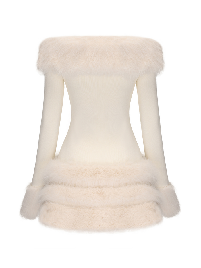 Mila Fur Dress: White Mini Dress for Wedding After-Party | Nana