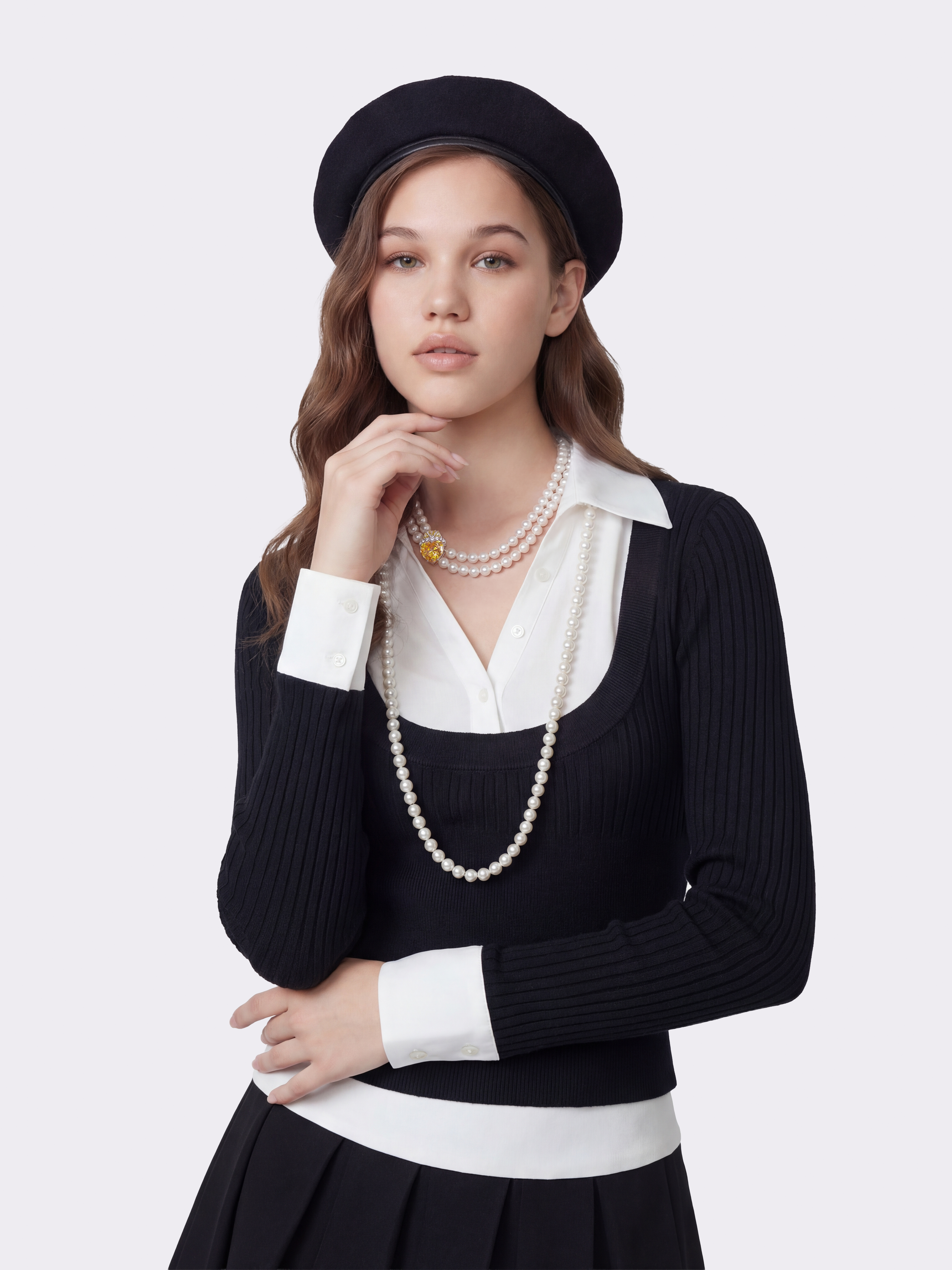 Claudette Contrast Collar Rib Knit Black Top
