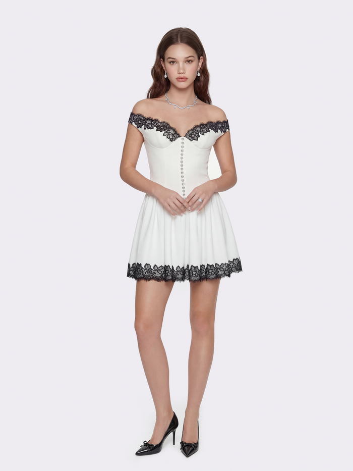 Isabela white off-shoulder mini dress with black lace trim and crystal buttons — Mother's Day tea | Nana Jacqueline