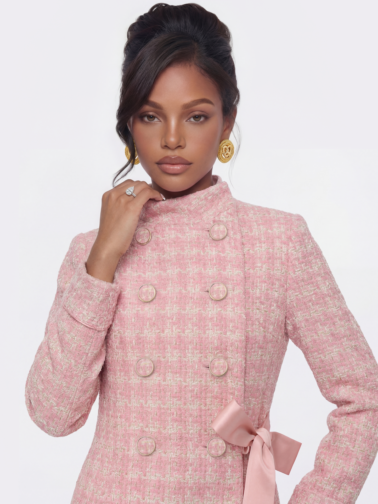 Bianca Tweed Bow Pink Double-Breasted Coat