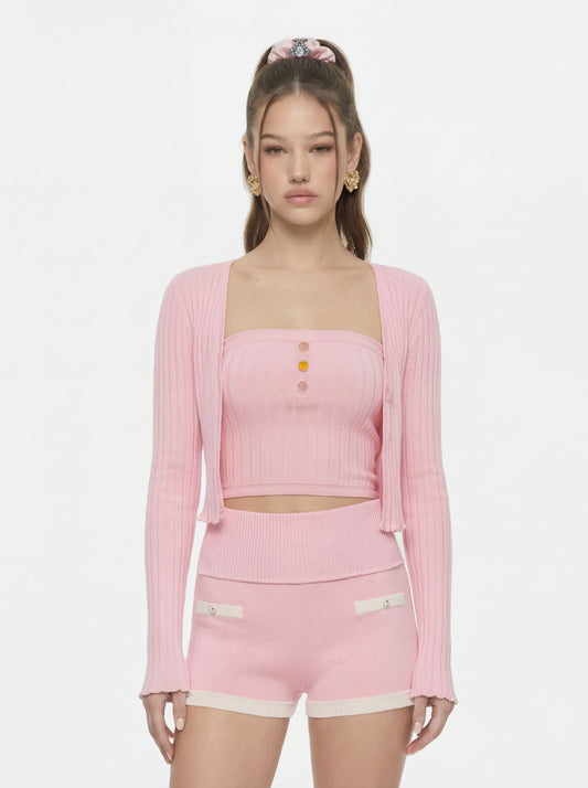 Jane Cropped Ribbed Pink Knit Cardigan