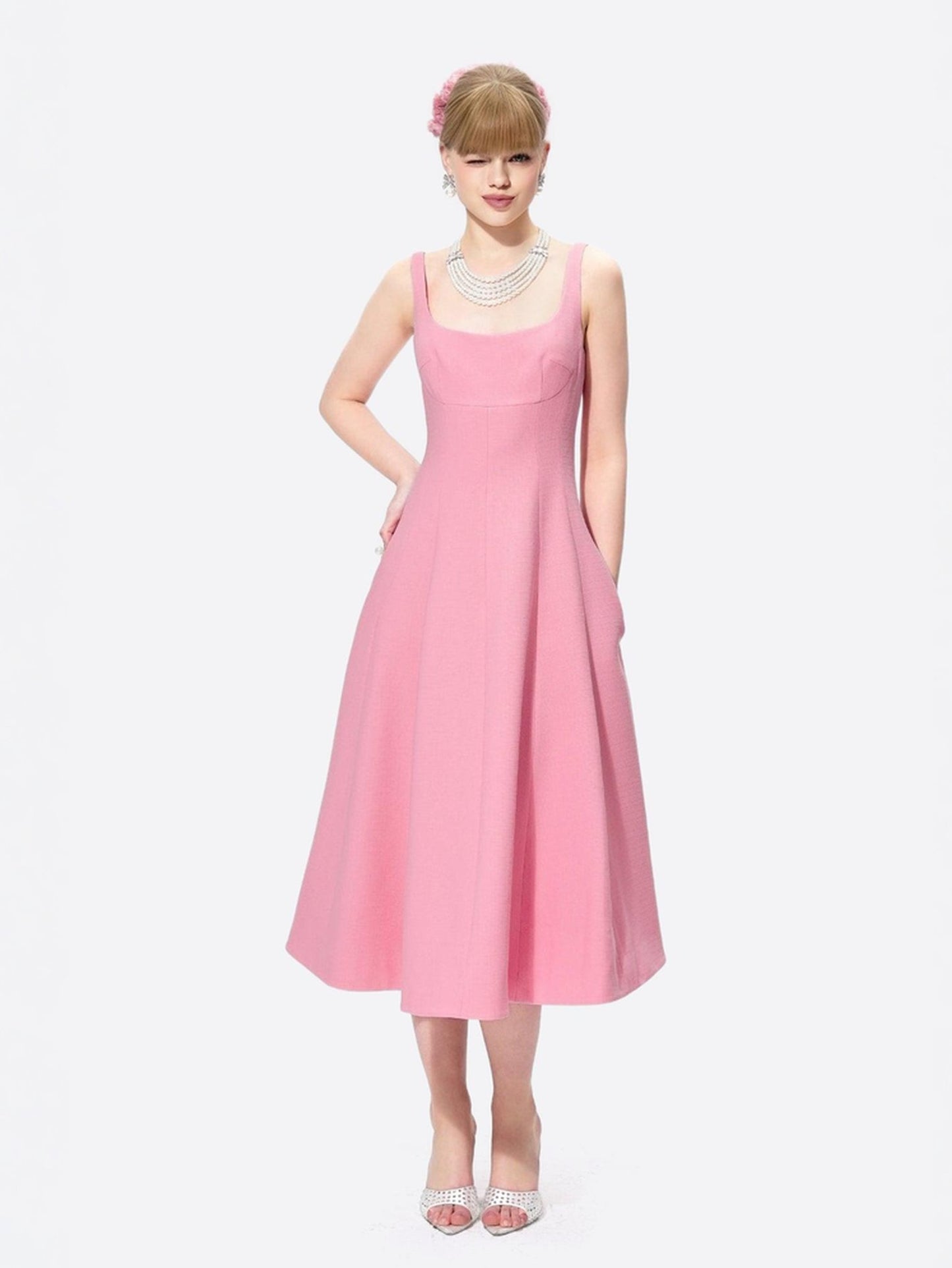 Josephine bubblegum pink structured umbrella midi dress with square neckline and pockets β birthday | Nana Jacqueline